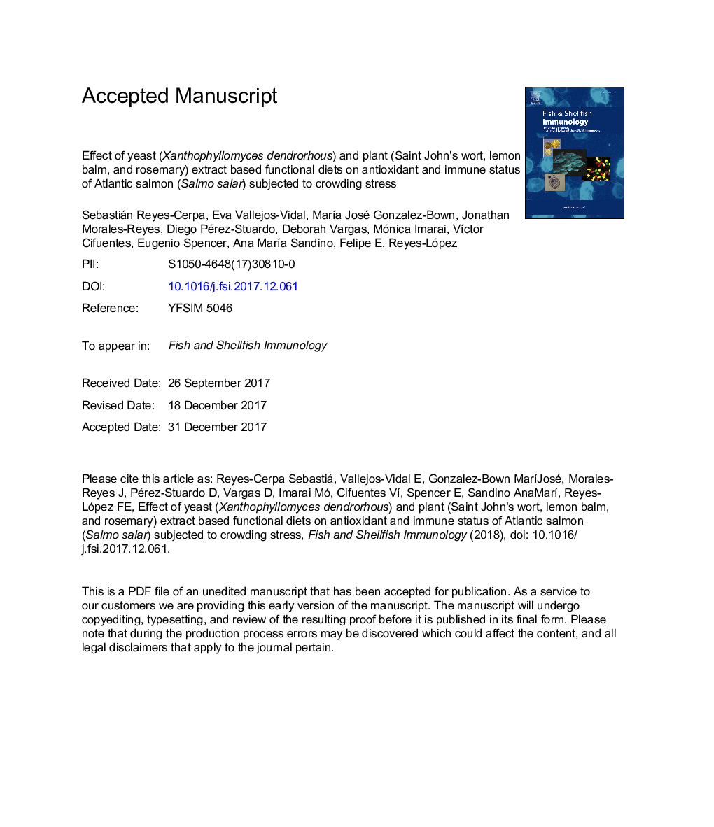 Effect of yeast (Xanthophyllomyces dendrorhous) and plant (Saint John's wort, lemon balm, and rosemary) extract based functional diets on antioxidant and immune status of Atlantic salmon (Salmo salar) subjected to crowding stress