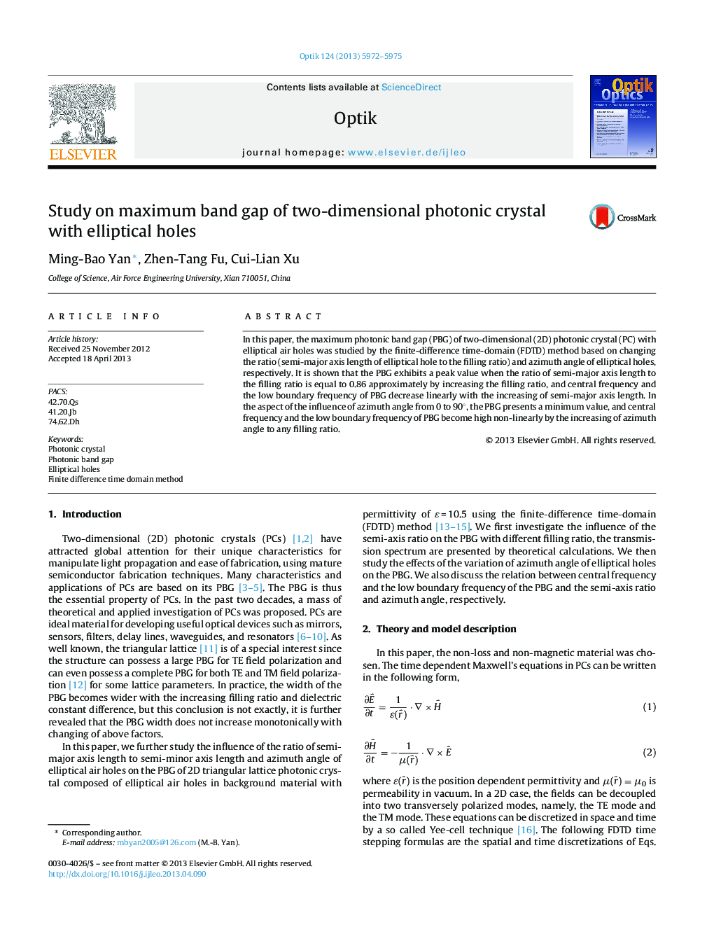 Study on maximum band gap of two-dimensional photonic crystal with elliptical holes