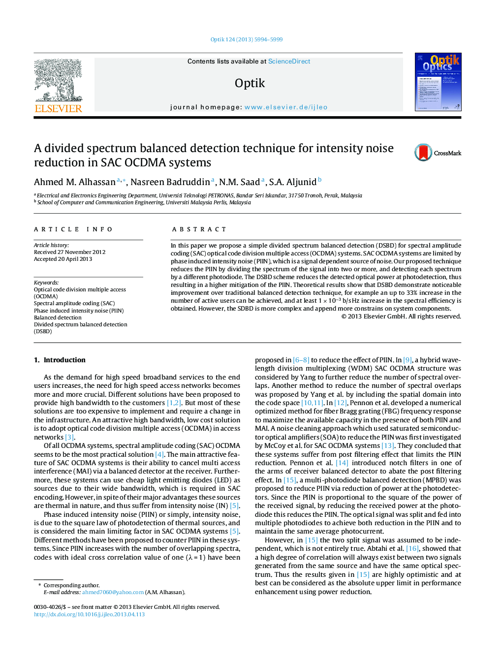 A divided spectrum balanced detection technique for intensity noise reduction in SAC OCDMA systems