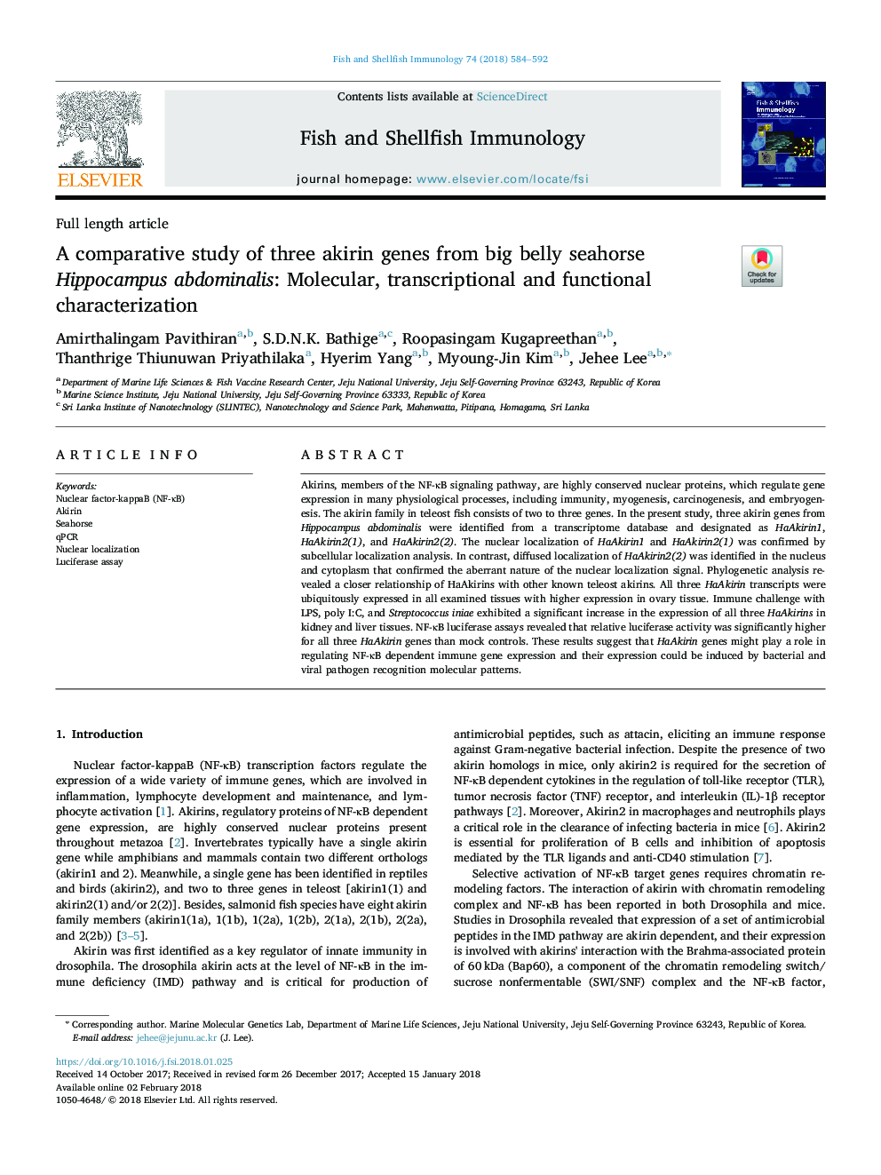 A comparative study of three akirin genes from big belly seahorse Hippocampus abdominalis: Molecular, transcriptional and functional characterization