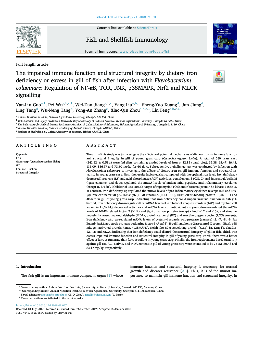 The impaired immune function and structural integrity by dietary iron deficiency or excess in gill of fish after infection with Flavobacterium columnare: Regulation of NF-ÎºB, TOR, JNK, p38MAPK, Nrf2 and MLCK signalling