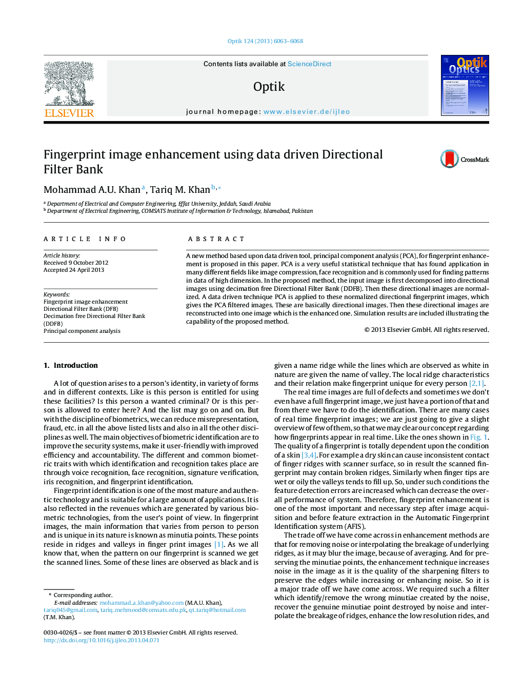 عکس صفحه اول مقاله: Fingerprint image enhancement using data driven Directional Filter Bank Fingerprint image enhancement using data driven Directional Filter Bank