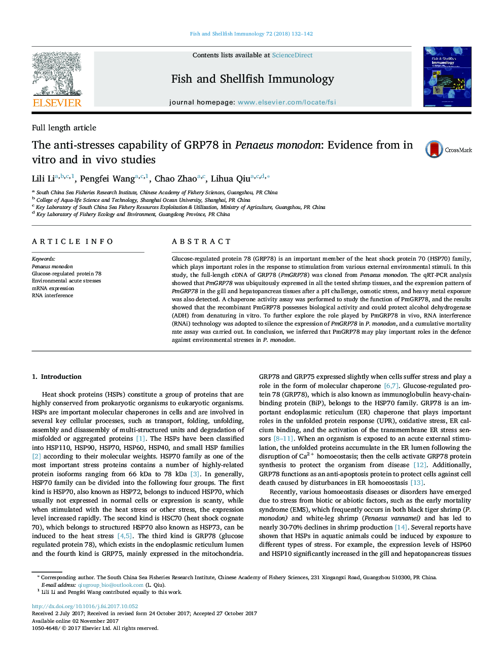 The anti-stresses capability of GRP78 in Penaeus monodon: Evidence from in vitro and in vivo studies