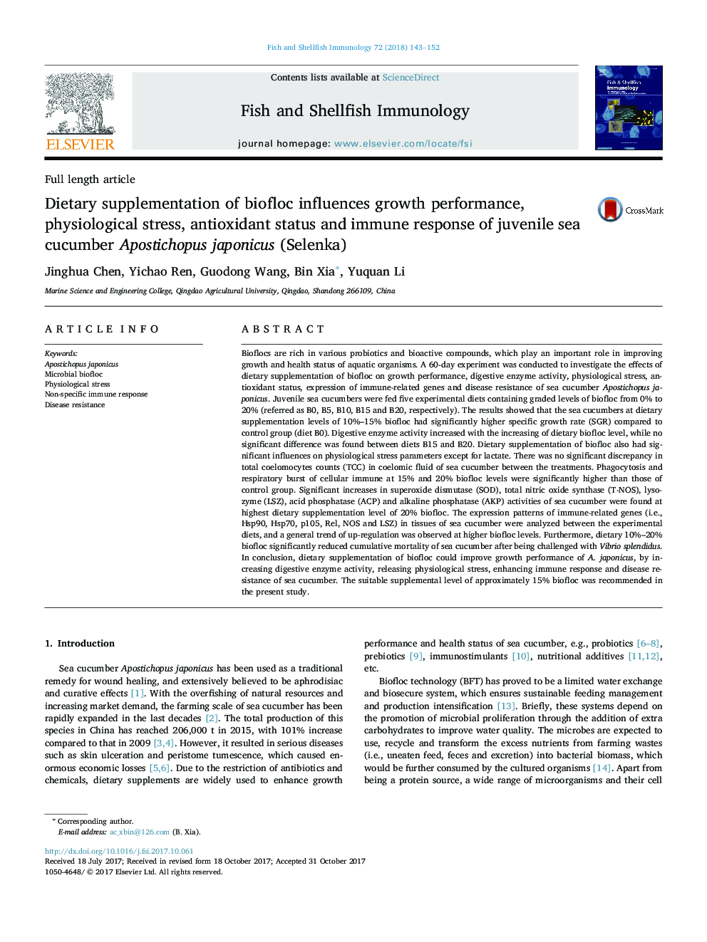 Dietary supplementation of biofloc influences growth performance, physiological stress, antioxidant status and immune response of juvenile sea cucumber Apostichopus japonicus (Selenka)