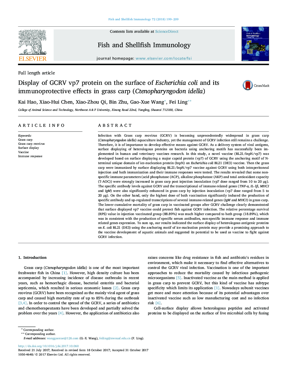 Display of GCRV vp7 protein on the surface of Escherichia coli and its immunoprotective effects in grass carp (Ctenopharyngodon idella)