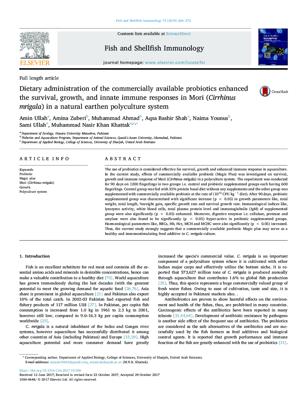 Dietary administration of the commercially available probiotics enhanced the survival, growth, and innate immune responses in Mori (Cirrhinus mrigala) in a natural earthen polyculture system