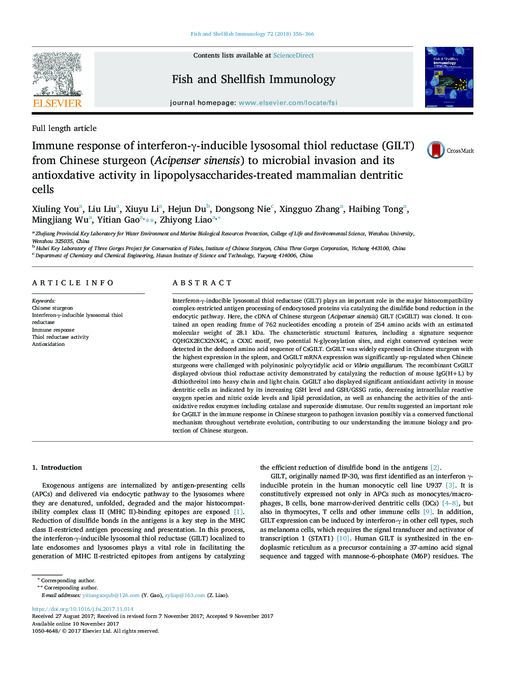 Immune response of interferon-Î³-inducible lysosomal thiol reductase (GILT) from Chinese sturgeon (Acipenser sinensis) to microbial invasion and its antioxdative activity in lipopolysaccharides-treated mammalian dentritic cells