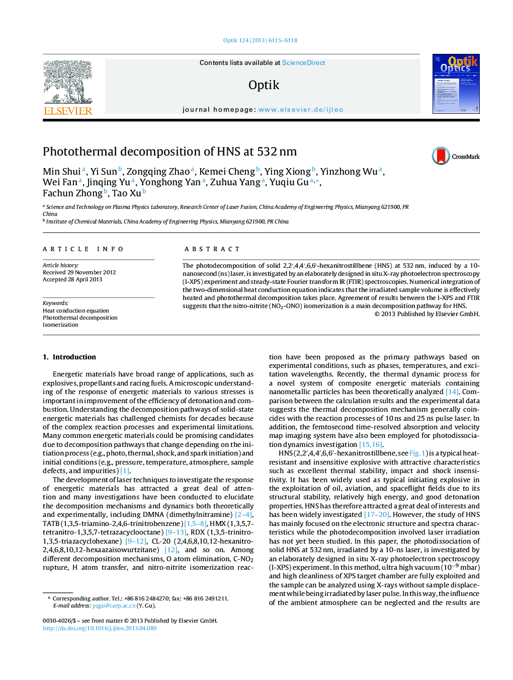 عکس صفحه اول مقاله: Photothermal decomposition of HNS at 532 nm Photothermal decomposition of HNS at 532 nm