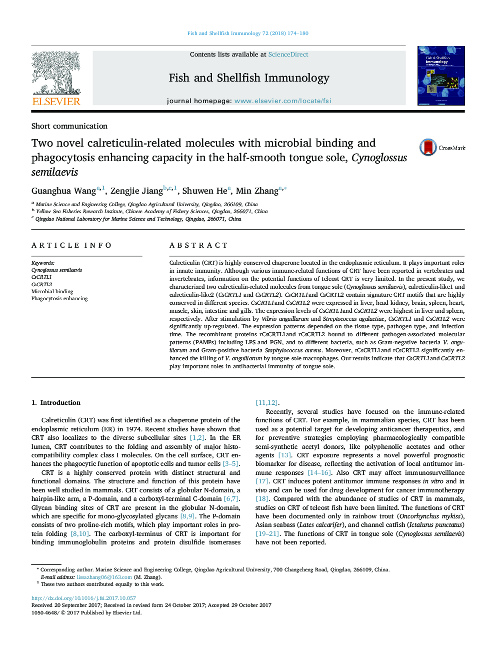 Two novel calreticulin-related molecules with microbial binding and phagocytosis enhancing capacity in the half-smooth tongue sole, Cynoglossus semilaevis