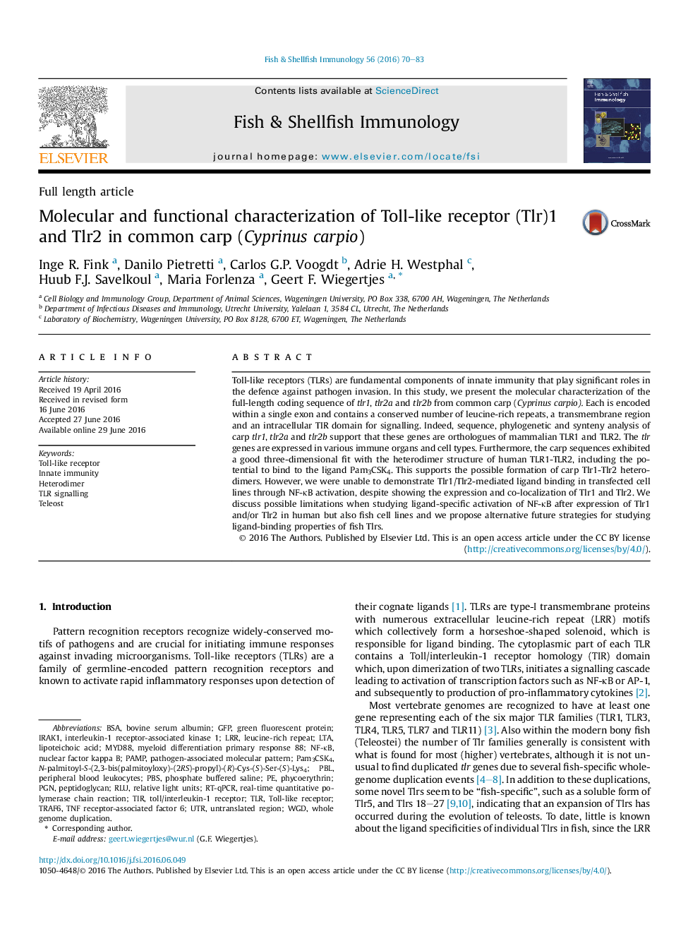 Molecular and functional characterization of Toll-like receptor (Tlr)1 and Tlr2 in common carp (Cyprinus carpio)