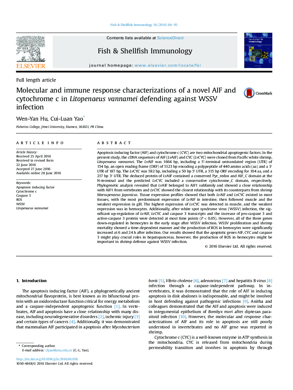 Molecular and immune response characterizations of a novel AIF and cytochrome c in Litopenaeus vannamei defending against WSSV infection