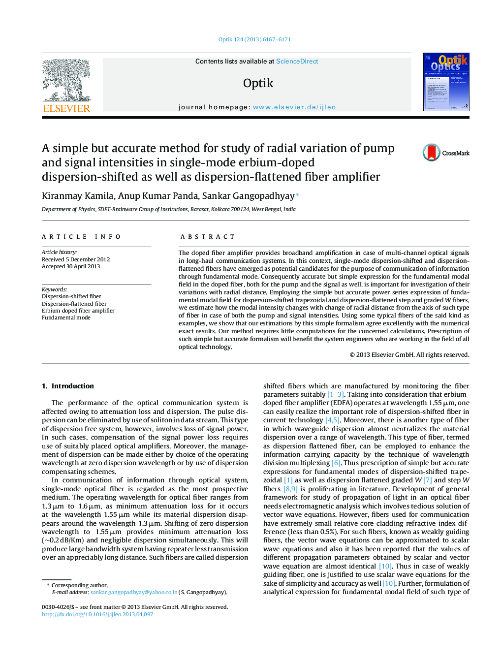 A simple but accurate method for study of radial variation of pump and signal intensities in single-mode erbium-doped dispersion-shifted as well as dispersion-flattened fiber amplifier