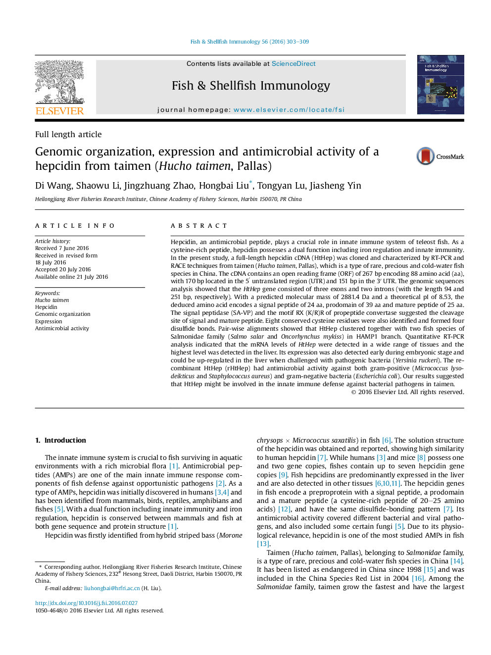 Genomic organization, expression and antimicrobial activity of a hepcidin from taimen (Hucho taimen, Pallas)