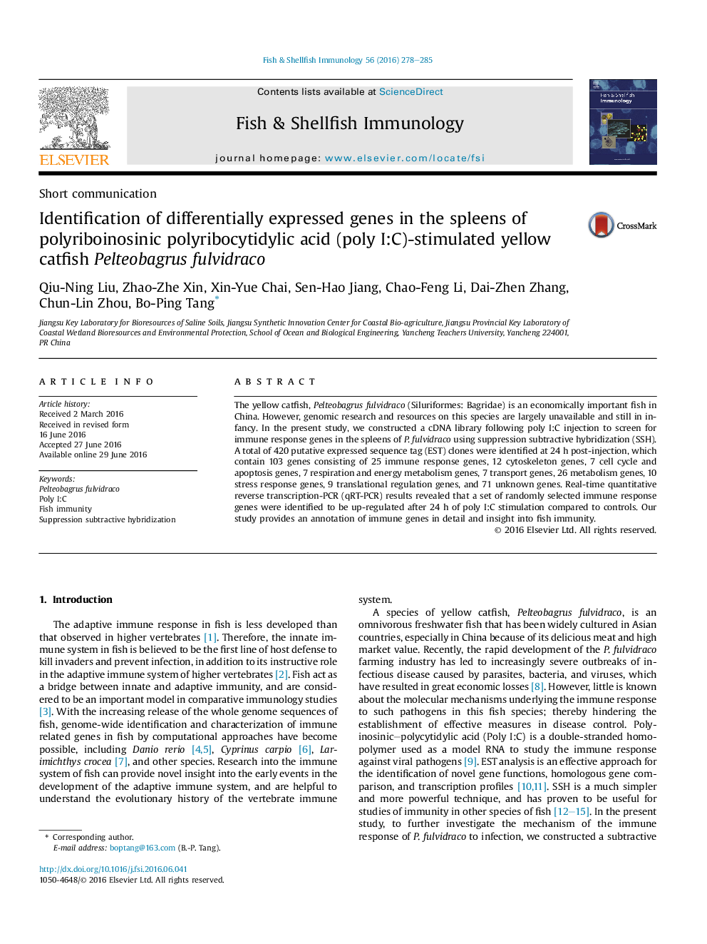 Identification of differentially expressed genes in the spleens of polyriboinosinic polyribocytidylic acid (poly I:C)-stimulated yellow catfish Pelteobagrus fulvidraco