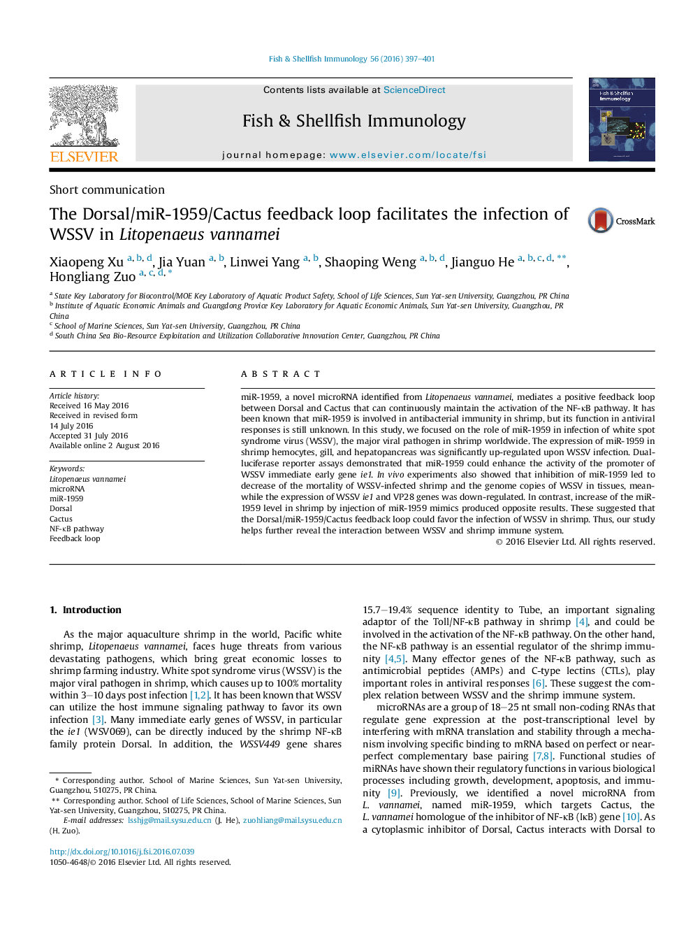 The Dorsal/miR-1959/Cactus feedback loop facilitates the infection of WSSV in Litopenaeus vannamei