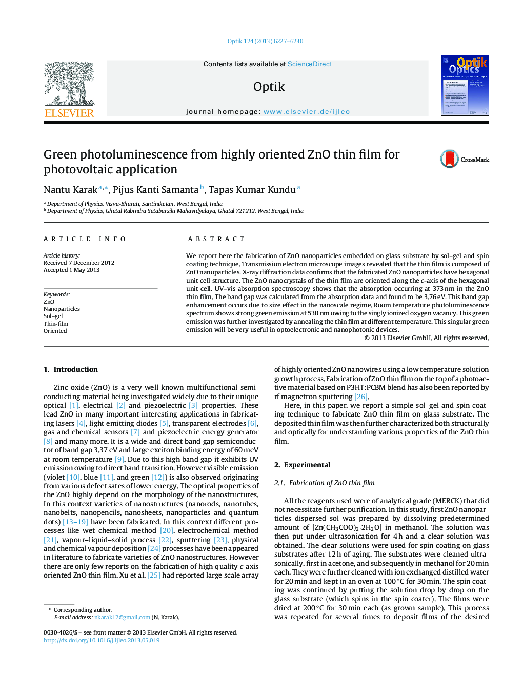 Green photoluminescence from highly oriented ZnO thin film for photovoltaic application