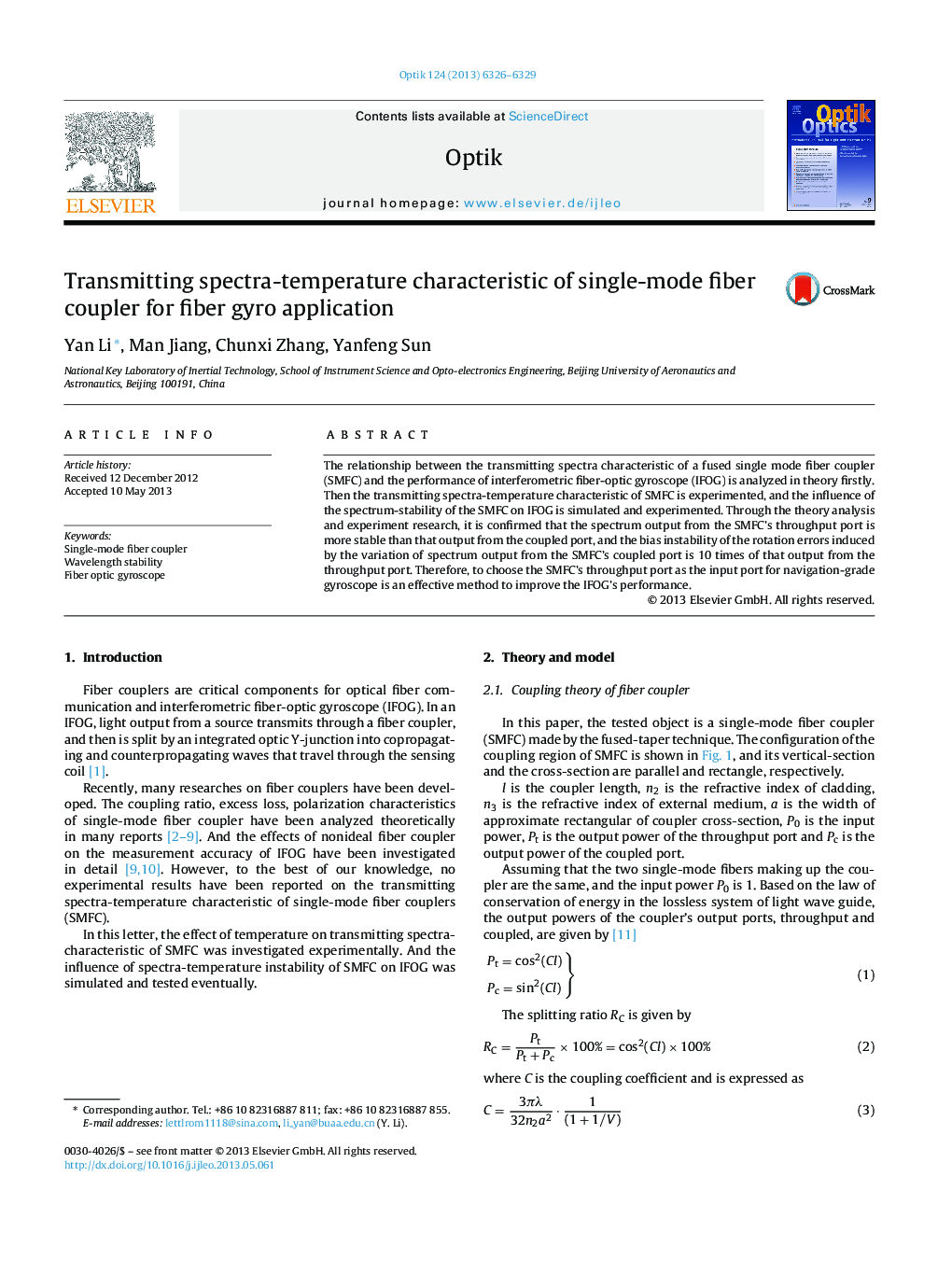 Transmitting spectra-temperature characteristic of single-mode fiber coupler for fiber gyro application