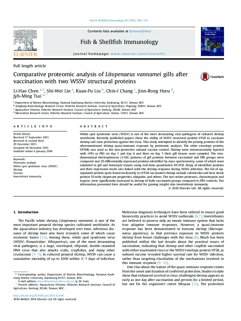 Comparative proteomic analysis of Litopenaeus vannamei gills after vaccination with two WSSV structural proteins