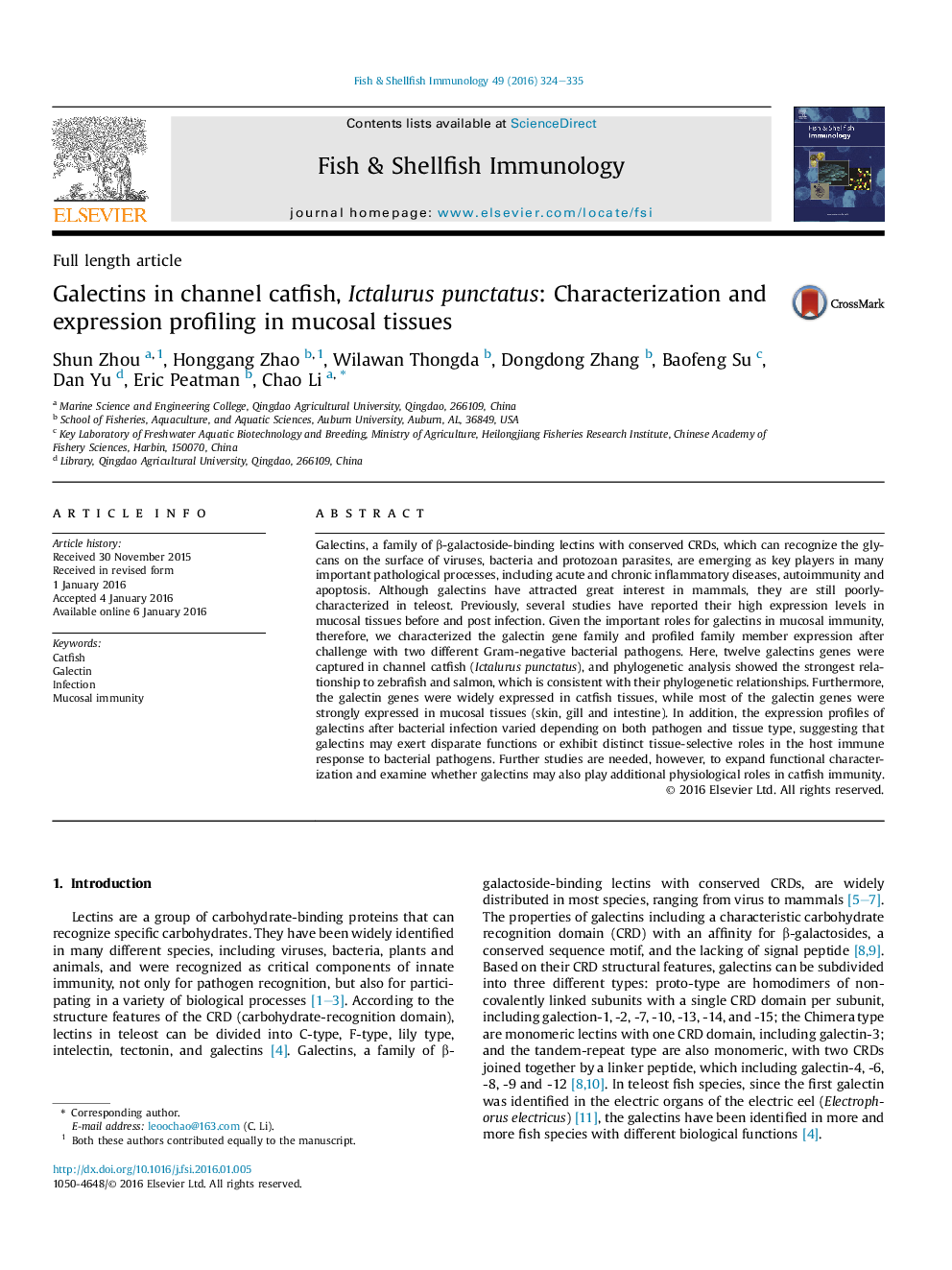 Galectins in channel catfish, Ictalurus punctatus: Characterization and expression profiling in mucosal tissues