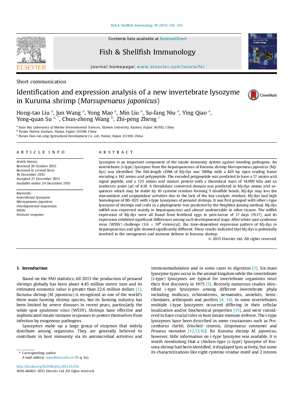 Identification and expression analysis of a new invertebrate lysozyme in Kuruma shrimp (Marsupenaeus japonicus)