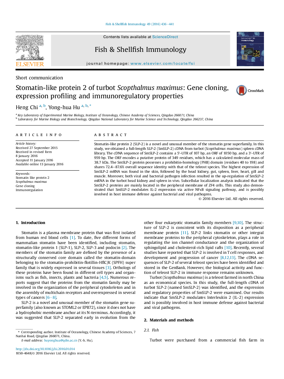 Stomatin-like protein 2 of turbot Scopthalmus maximus: Gene cloning, expression profiling and immunoregulatory properties