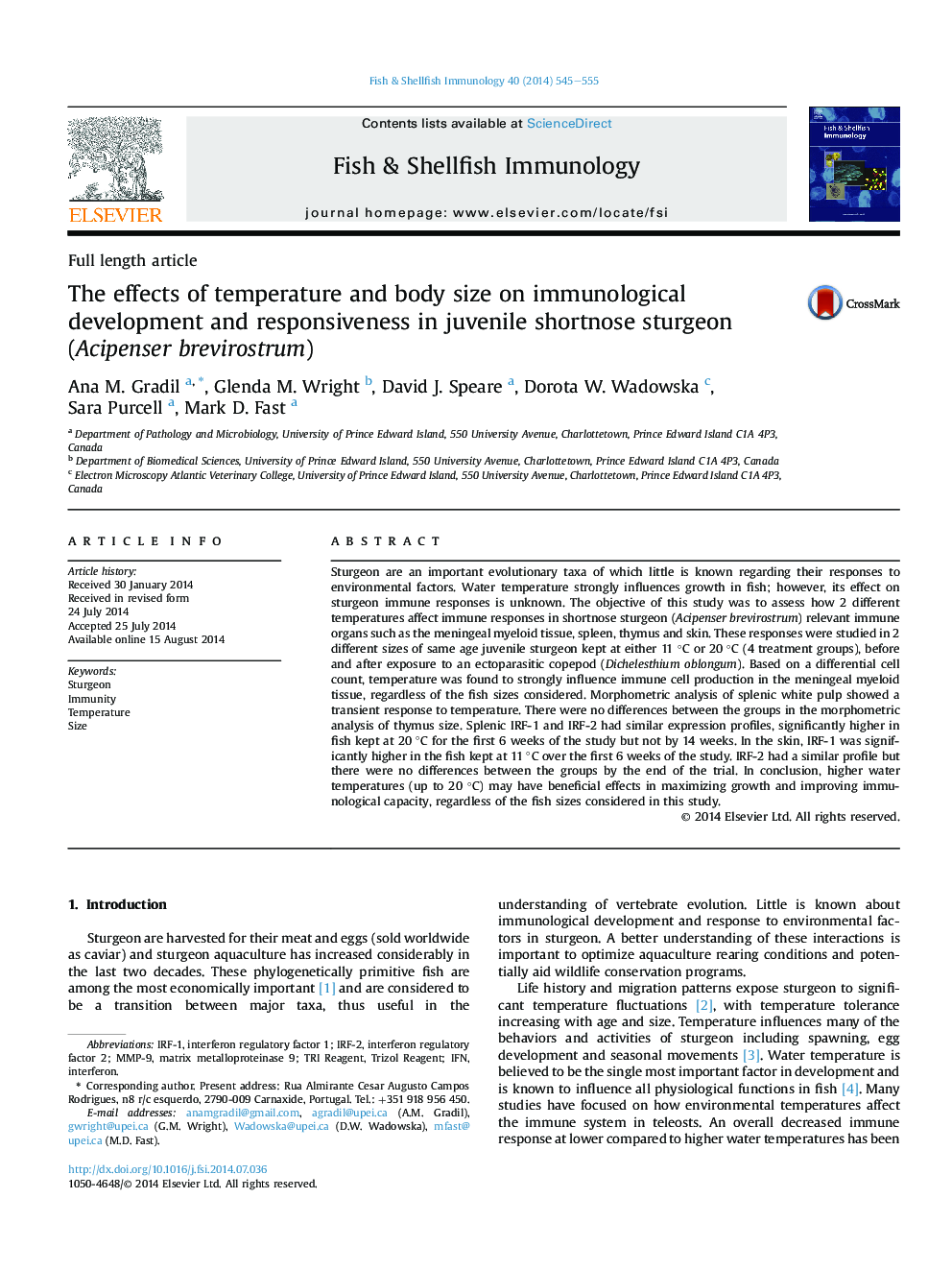 The effects of temperature and body size on immunological development and responsiveness in juvenile shortnose sturgeon (Acipenser brevirostrum)