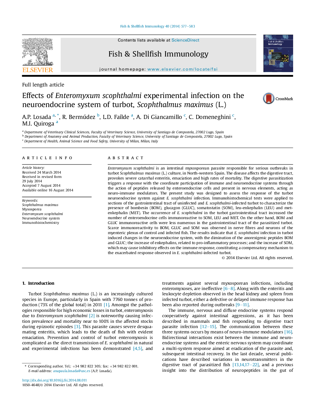 Effects of Enteromyxum scophthalmi experimental infection on the neuroendocrine system of turbot, Scophthalmus maximus (L.)