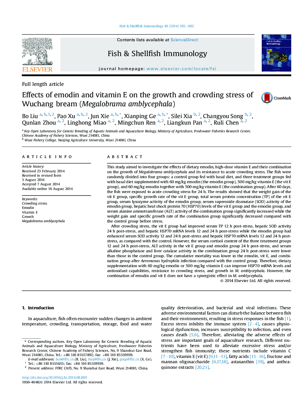 Effects of emodin and vitamin E on the growth and crowding stress of Wuchang bream (Megalobrama amblycephala)