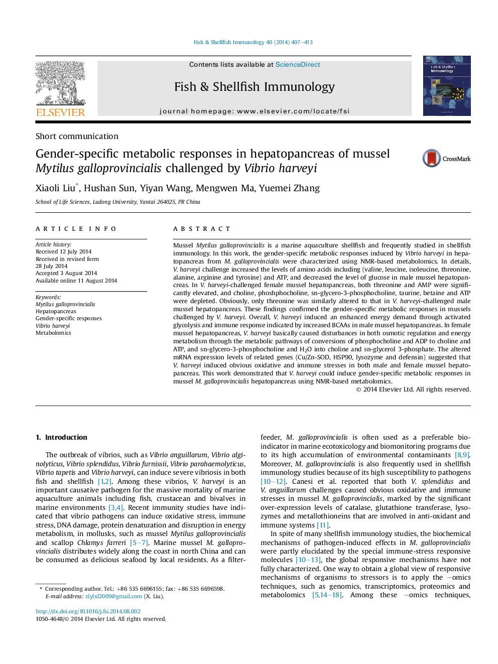 Gender-specific metabolic responses in hepatopancreas of mussel Mytilus galloprovincialis challenged by Vibrio harveyi