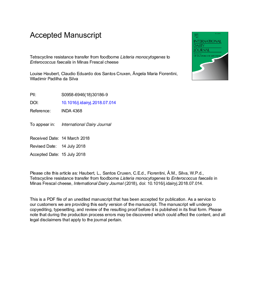 Tetracycline resistance transfer from foodborne Listeria monocytogenes to Enterococcus faecalis in Minas Frescal cheese