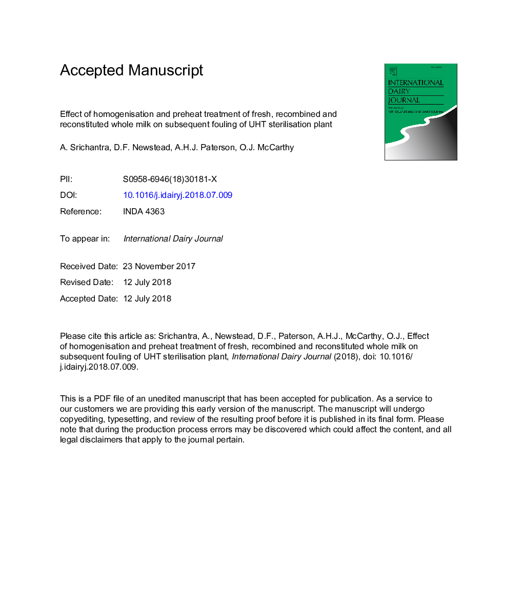 Effect of homogenisation and preheat treatment of fresh, recombined and reconstituted whole milk on subsequent fouling of UHT sterilisation plant