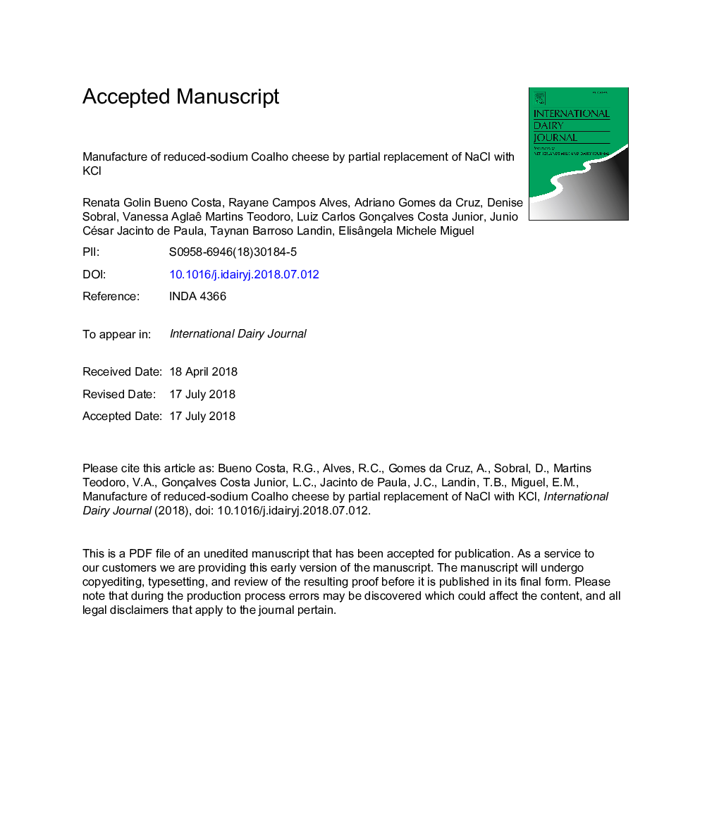 Manufacture of reduced-sodium Coalho cheese by partial replacement of NaCl with KCl