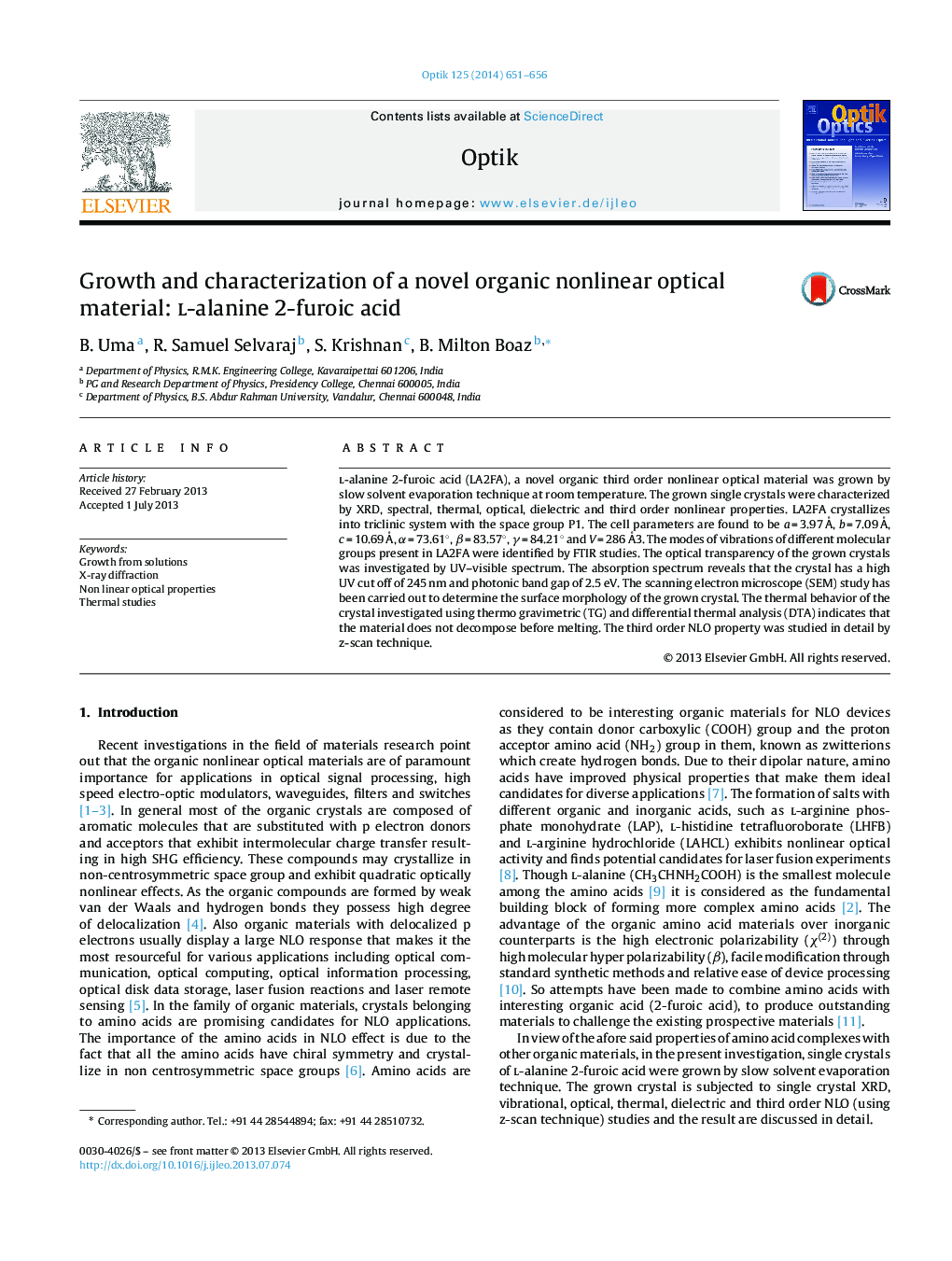 Growth and characterization of a novel organic nonlinear optical material: l-alanine 2-furoic acid