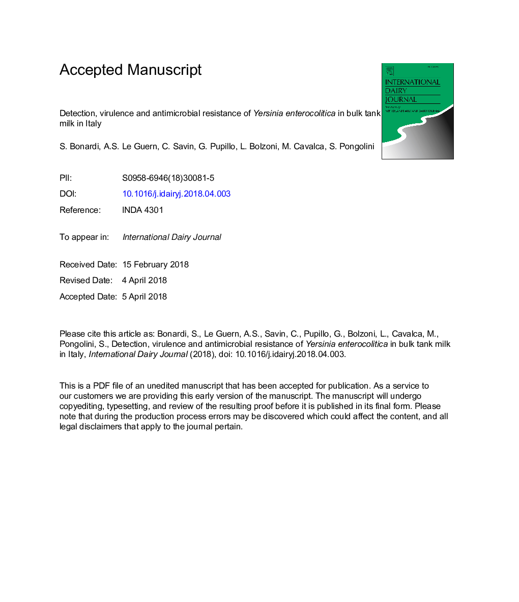 Detection, virulence and antimicrobial resistance of Yersinia enterocolitica in bulk tank milk in Italy