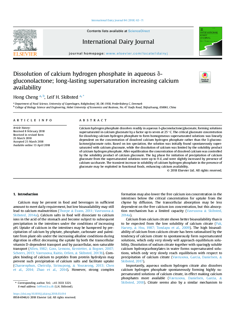 Dissolution of calcium hydrogen phosphate in aqueous Î´-gluconolactone; long-lasting supersaturation increasing calcium availability