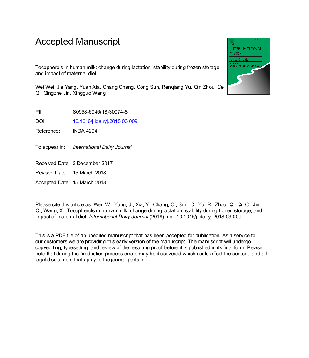 Tocopherols in human milk: Change during lactation, stability during frozen storage, and impact of maternal diet