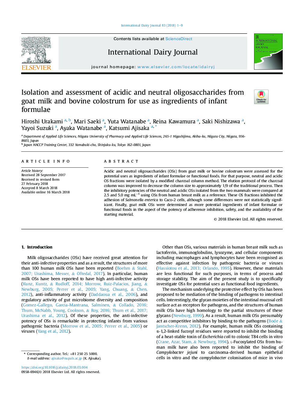 Isolation and assessment of acidic and neutral oligosaccharides from goat milk and bovine colostrum for use as ingredients of infant formulae