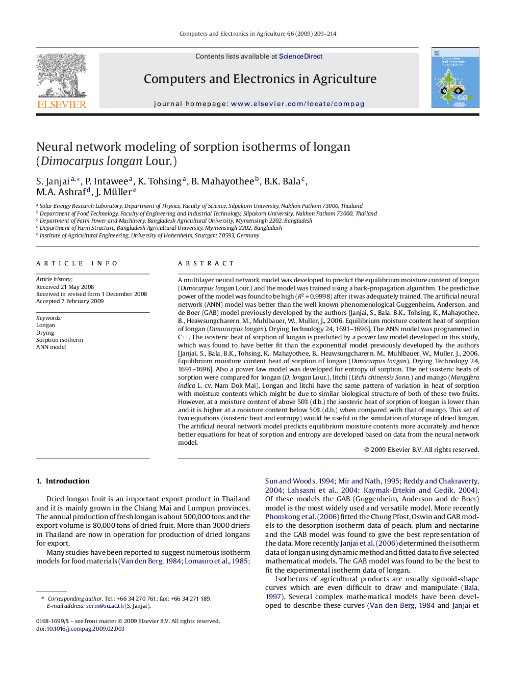 Neural network modeling of sorption isotherms of longan (Dimocarpus longan Lour.)