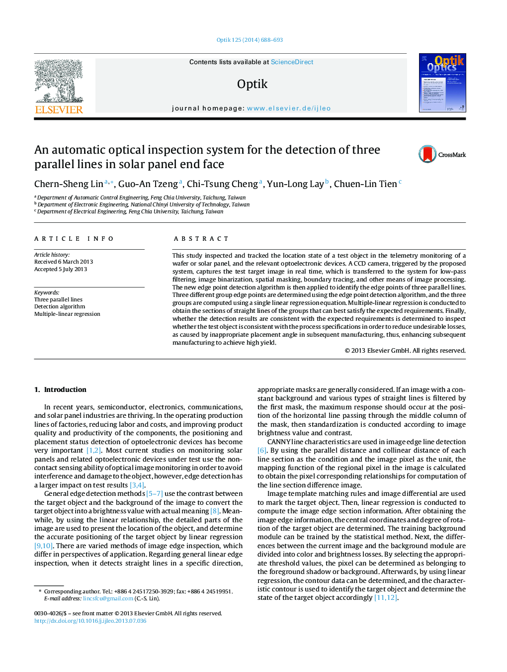 An automatic optical inspection system for the detection of three parallel lines in solar panel end face