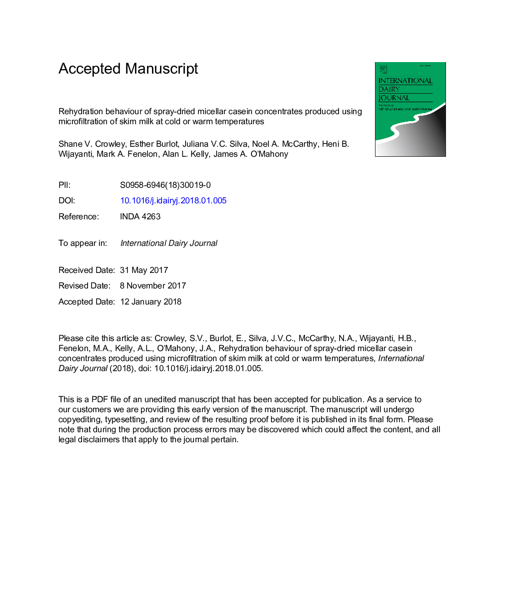 Rehydration behaviour of spray-dried micellar casein concentrates produced using microfiltration of skim milk at cold or warm temperatures