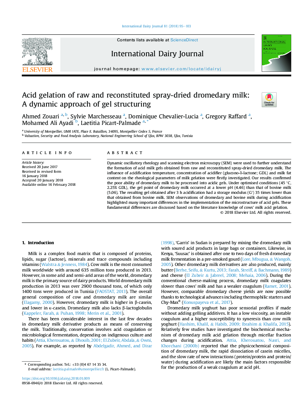 Acid gelation of raw and reconstituted spray-dried dromedary milk: AÂ dynamic approach of gel structuring