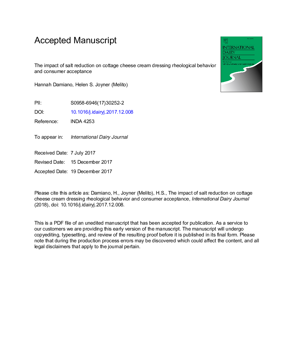 The impact of salt reduction on cottage cheese cream dressing rheological behavior and consumer acceptance