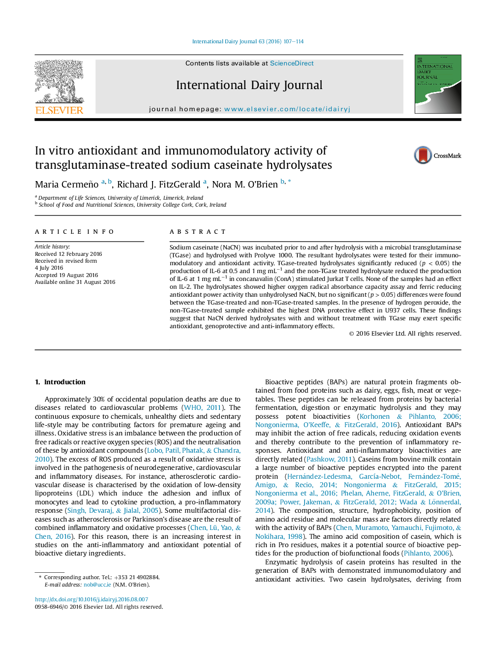 عکس صفحه اول مقاله: In vitro antioxidant and immunomodulatory activity of transglutaminase-treated sodium caseinate hydrolysates In vitro antioxidant and immunomodulatory activity of transglutaminase-treated sodium caseinate hydrolysates