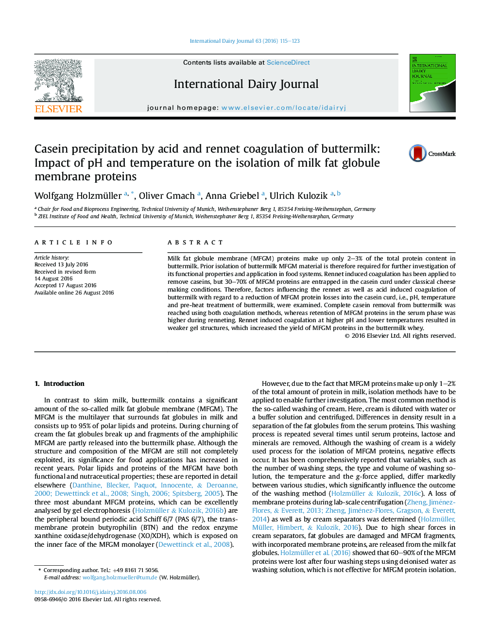 عکس صفحه اول مقاله: Casein precipitation by acid and rennet coagulation of buttermilk: Impact of pH and temperature on the isolation of milk fat globule membrane proteins Casein precipitation by acid and rennet coagulation of buttermilk: Impact of pH and temperature on the isolation of milk fat globule membrane proteins