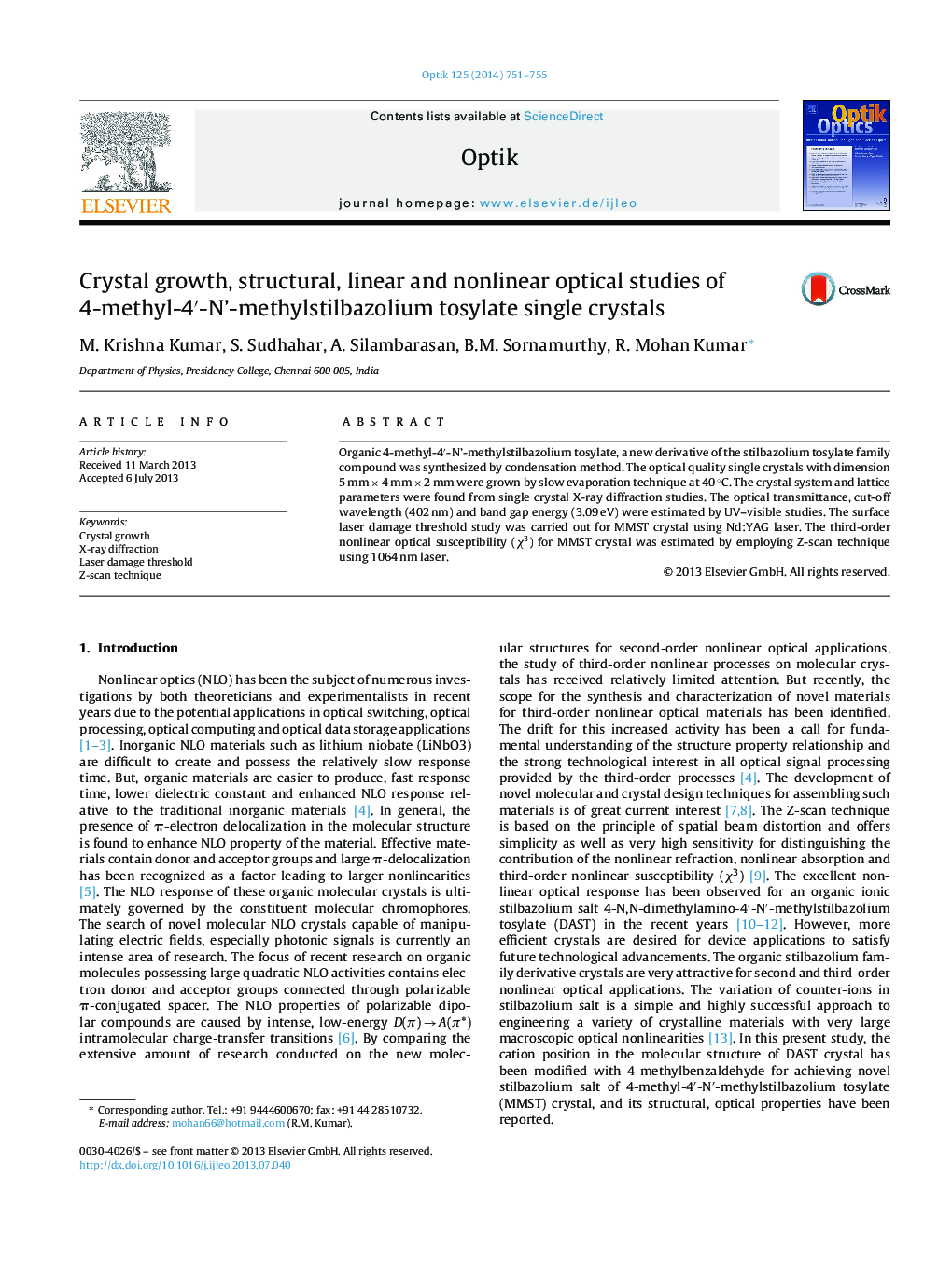 Crystal growth, structural, linear and nonlinear optical studies of 4-methyl-4′-N’-methylstilbazolium tosylate single crystals