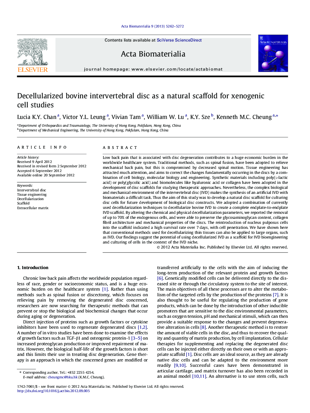 Decellularized bovine intervertebral disc as a natural scaffold for xenogenic cell studies