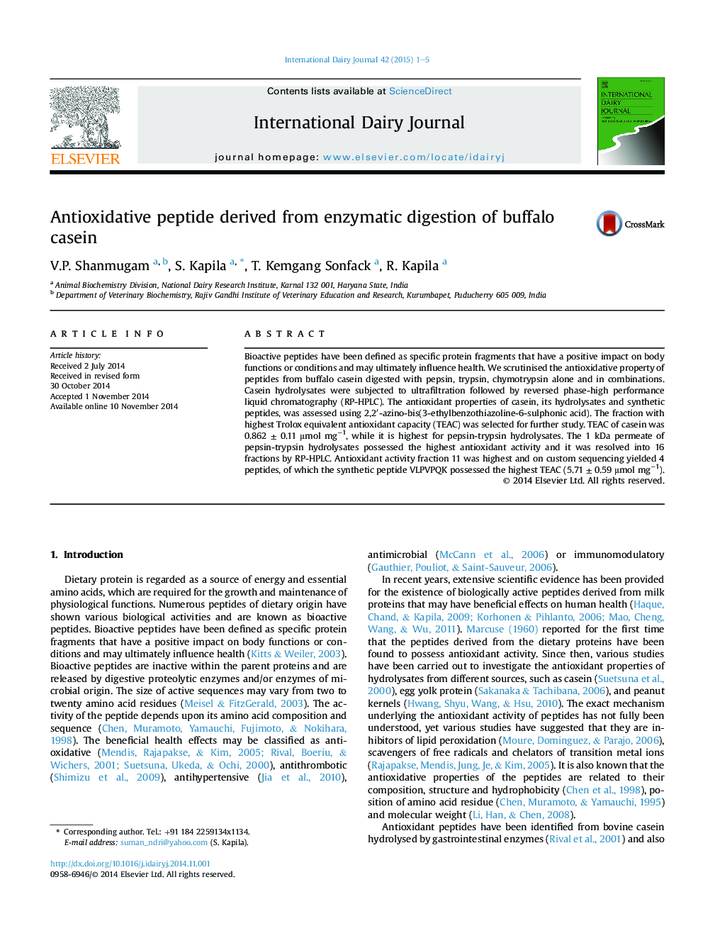 Antioxidative peptide derived from enzymatic digestion of buffalo casein