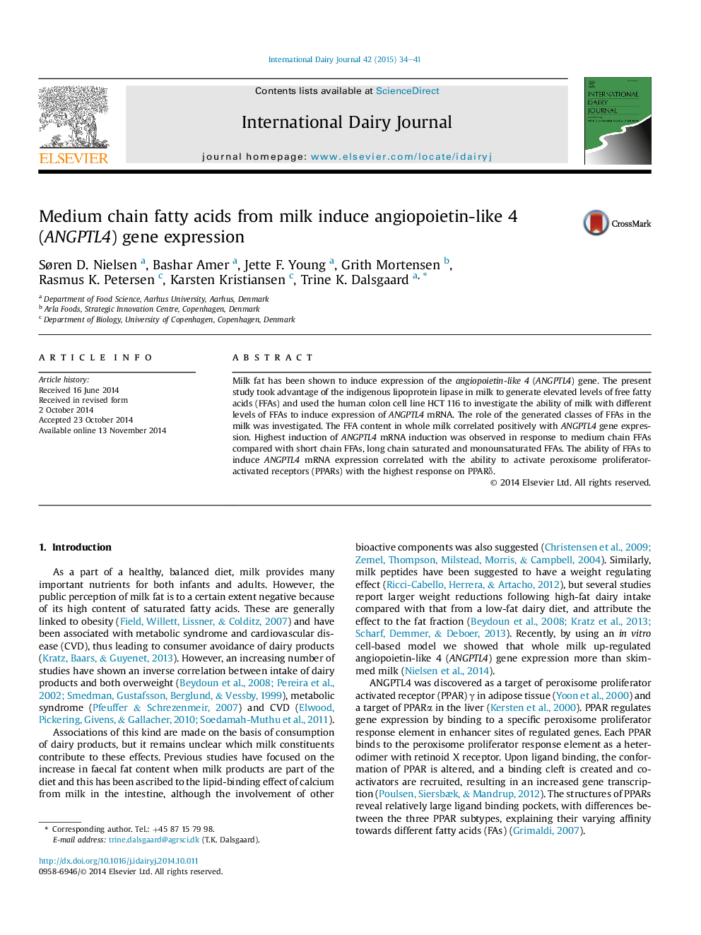 Medium chain fatty acids from milk induce angiopoietin-like 4 (ANGPTL4) gene expression