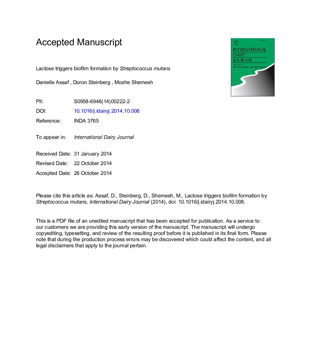 Lactose triggers biofilm formation by Streptococcus mutans