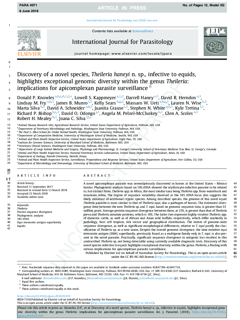 Discovery of a novel species, Theileria haneyi n. sp., infective to equids, highlights exceptional genomic diversity within the genus Theileria: implications for apicomplexan parasite surveillance